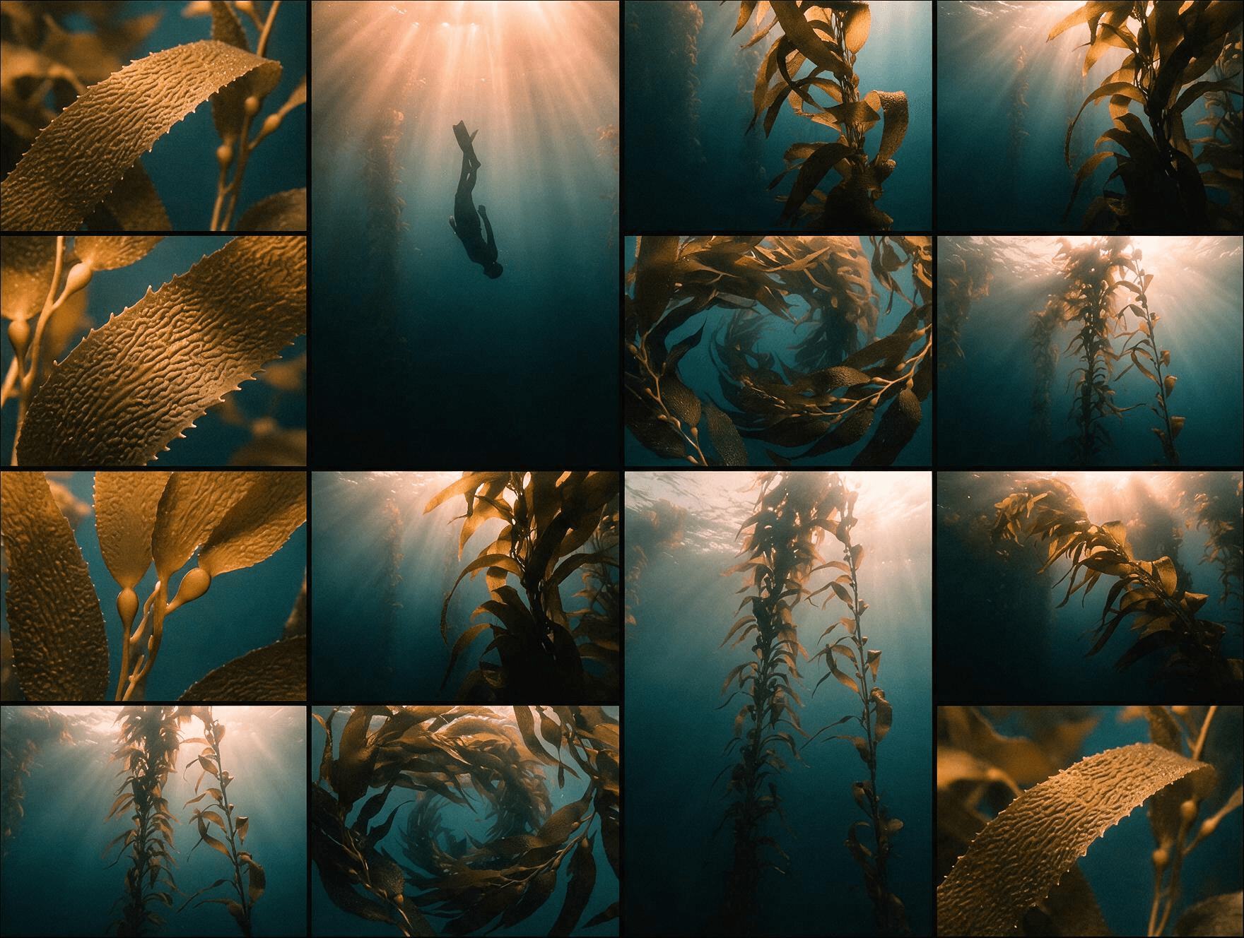 A study of kelp forms — fronds, columns and light beneath the surface