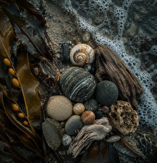 Sea-worn stones, shells and kelp gathered by the tide