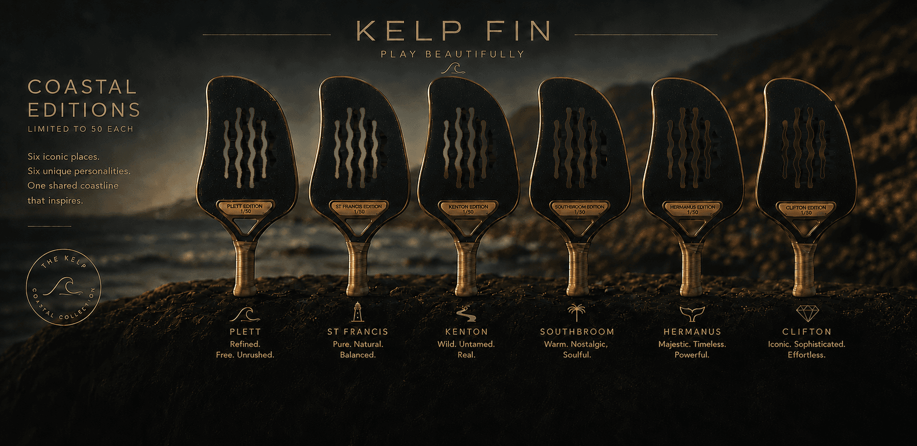 The 6 Coastal Edition Fins — Plett, St Francis, Kenton, Southbroom, Hermanus, Clifton — standing on a rocky coastline at dusk