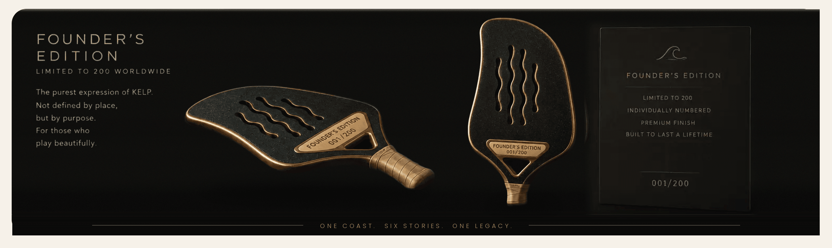 The Founder's Edition Fin lying flat, shown again upright as the numbered 001/200 face beside its specification