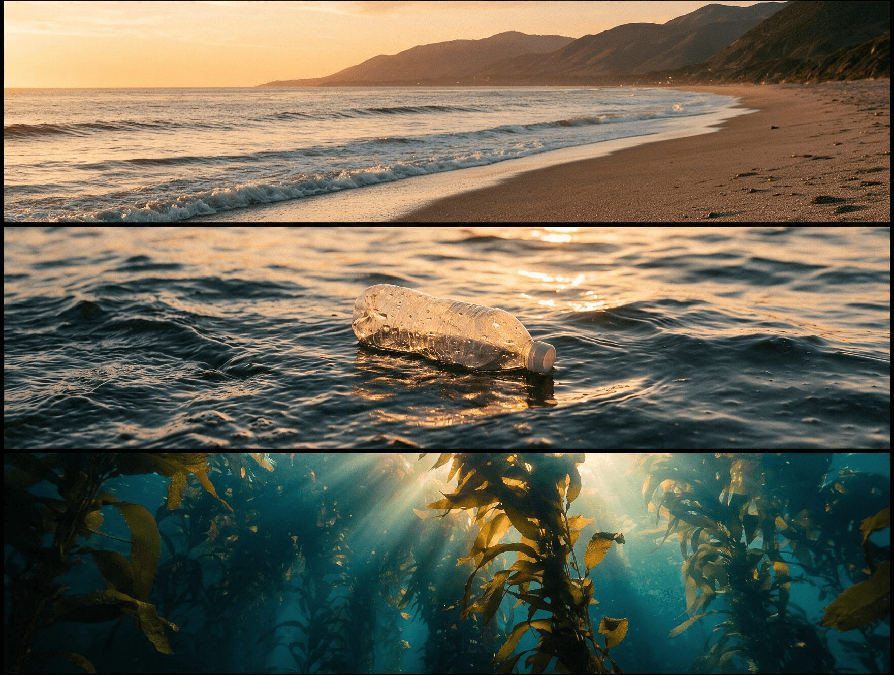 Coastline at first light, a bottle adrift in the shallows, and a kelp forest below the surface