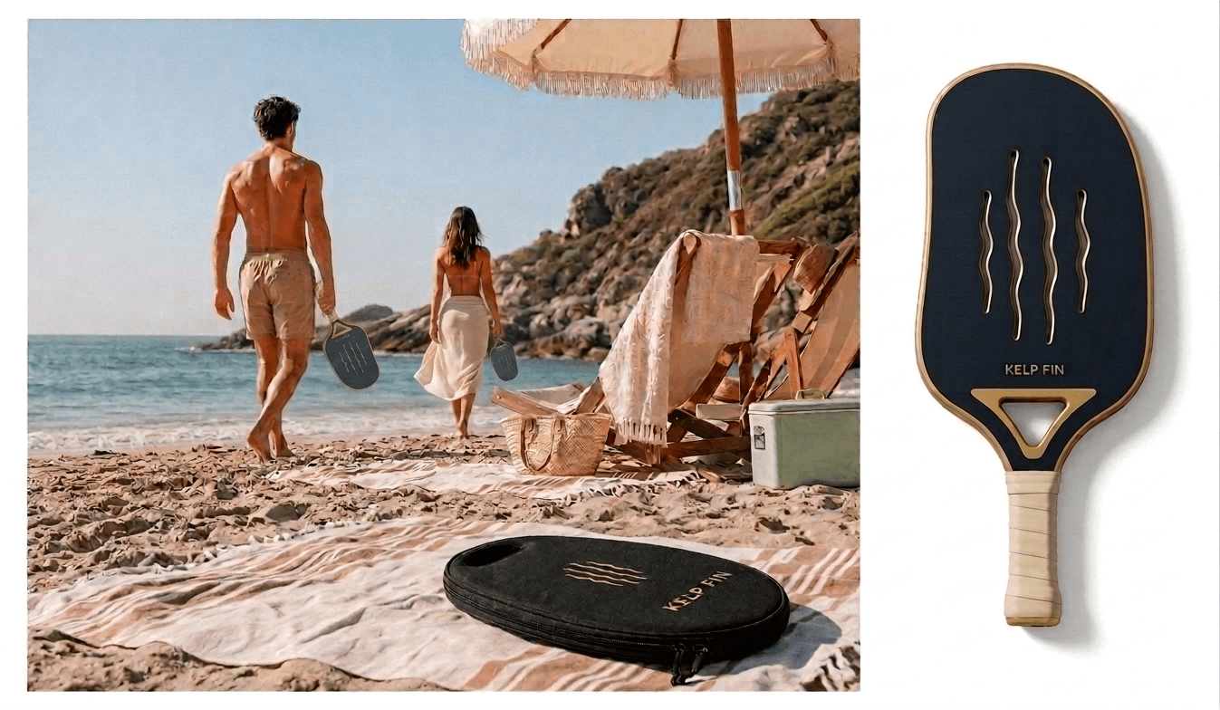 A couple carrying their KELP Fins down to the sea, the Fin's case on the towel beside them and the Fin itself shown alongside