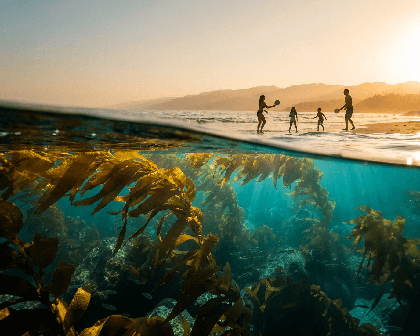 A family playing in the shallows at sunset, a kelp forest visible below the surface