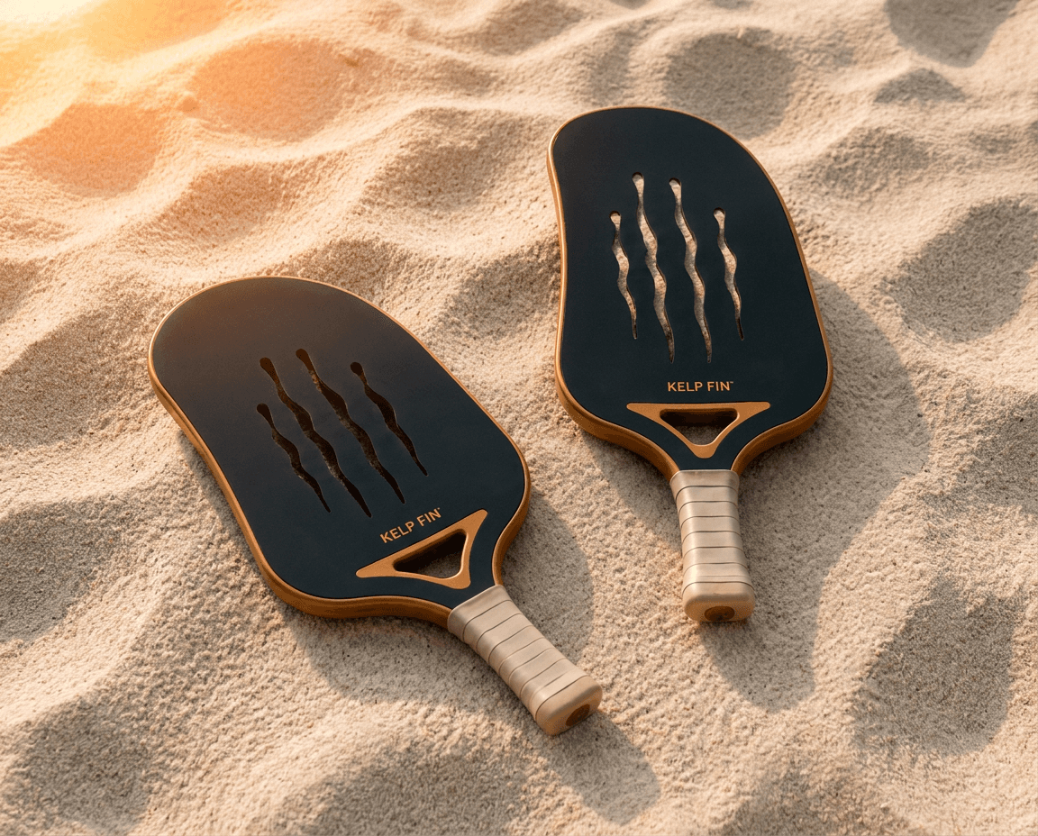 Two KELP Fins resting on wind-shaped sand